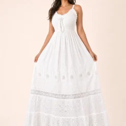 Alternative view of Vestido Blanco Largo con Pecho Elasticado y Broderie