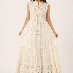 Vestido Boho Largo Marfil con Detalles Dorados