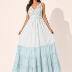 Vestido Boho Largo Celeste Bordado de Algodón