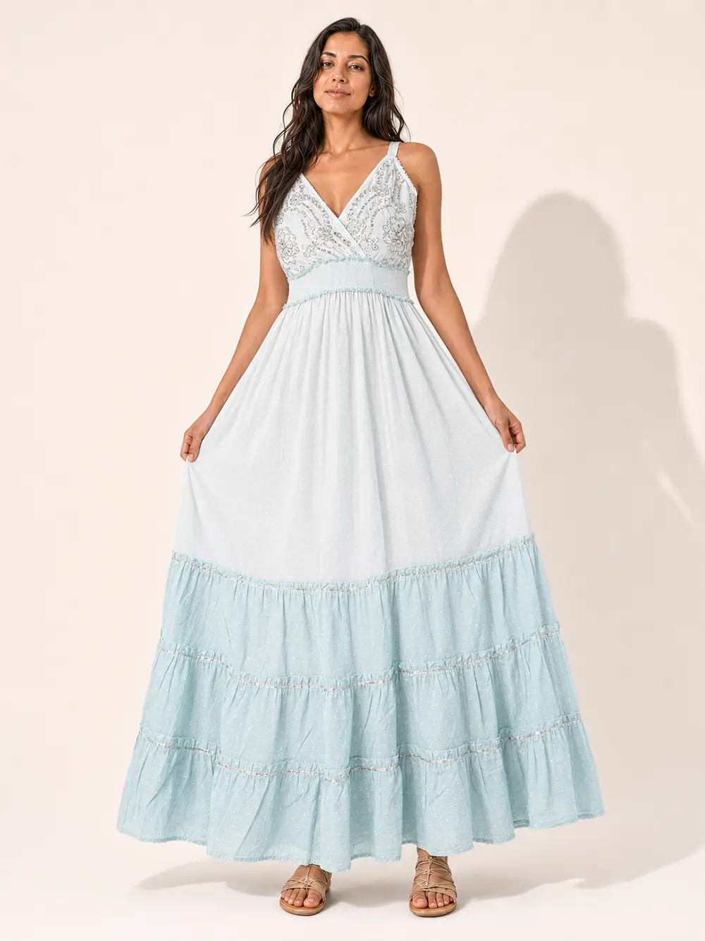 Vestido Boho Largo Celeste Bordado de Algodón