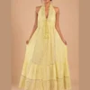 Vestido maxi boho halter amarillo lima de frente