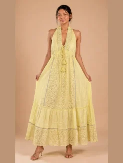 Vestido maxi boho halter amarillo lima de frente