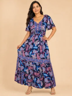 Vestido Largo Boho Paisley Poly Seda con Manga Volante – Azul