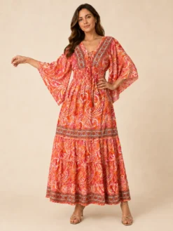 Vestido Largo Boho Paisley en Poly Seda – Naranja