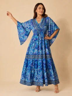 Vestido Largo Boho Paisley en Poly Seda – Celeste