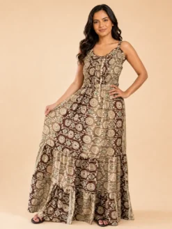 Vestido Largo Boho Floral Poly Seda con Tirantes Ajustables – Café