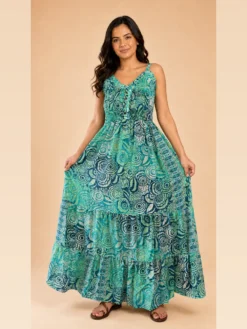 Vestido Largo Boho Poly Seda Estampado con Tirantes – Verde