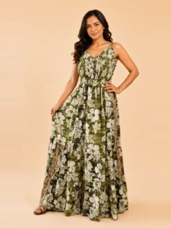 Vestido Largo Boho Floral Poly Seda con Tirantes Ajustables – Verde