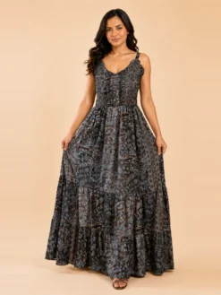 Vestido Largo Boho Poly Seda Estampado con Tirantes – Negro