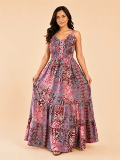 Vestido Largo Boho Poly Seda Estampado con Tirantes – Rosado