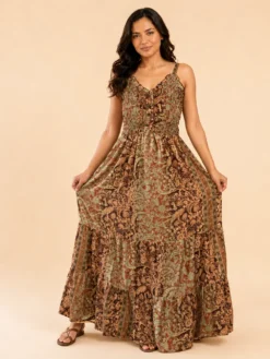 Vestido Largo Boho Poly Seda Estampado con Tirantes – Café