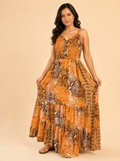 Vestido Largo Boho Poly Seda Estampado con Tirantes – Naranja