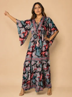 Vestido Largo Boho Paisley en Poly Seda – Rojo