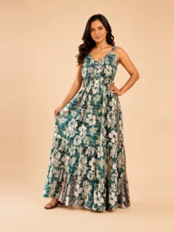 Vestido Largo Boho Floral Poly Seda con Tirantes Ajustables – Verde Agua