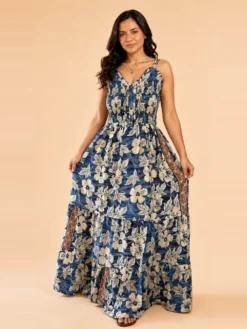 Vestido Largo Boho Floral Poly Seda con Tirantes Ajustables – Celeste