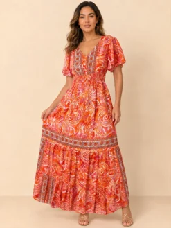 Vestido Largo Boho Paisley Poly Seda con Manga Volante – Naranja