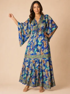 Vestido Largo Boho Paisley en Poly Seda – Azul