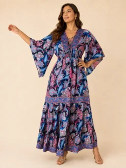 Vestido Largo Boho Paisley en Poly Seda – Morado