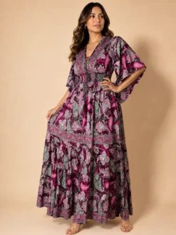 Vestido Largo Boho Paisley en Poly Seda – Burdeo