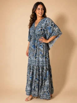 Vestido Largo Boho Paisley en Poly Seda – Gris