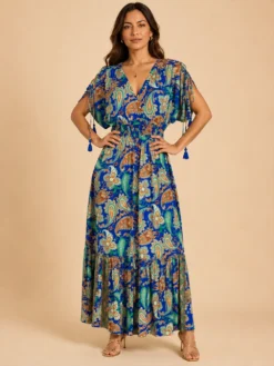 Vestido Largo Boho Paisley Poly Seda – Azul
