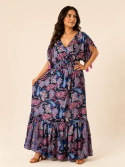 Vestido Largo Boho Paisley Poly Seda – Morado