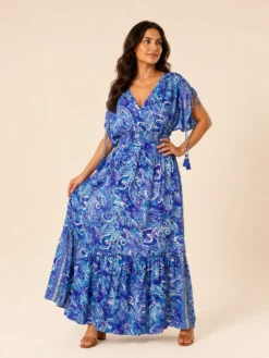 Vestido Largo Boho Paisley Poly Seda – Celeste