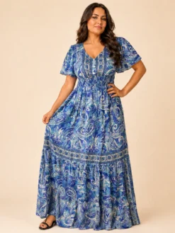 Vestido Largo Boho Paisley Poly Seda con Manga Volante – Celeste