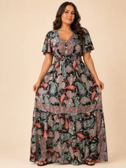 Vestido Largo Boho Paisley Poly Seda con Manga Volante – Rojo