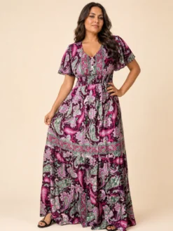 Vestido Largo Boho Paisley Poly Seda con Manga Volante – Morado