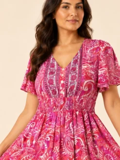 Vestido Largo Boho Paisley Poly Seda con Manga Volante – Rosado