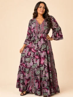 Vestido Largo Boho Paisley Poly Seda Manga 3/4