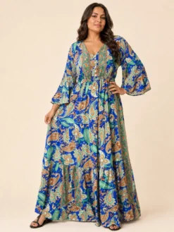 Vestido Largo Boho Paisley Poly Seda Manga 3/4 – Azul
