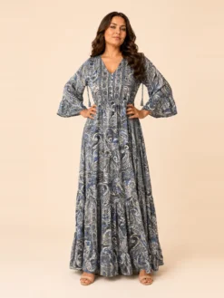 Vestido Largo Boho Paisley Poly Seda Manga 3/4 – Gris