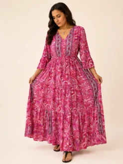 Vestido Largo Boho Paisley Poly Seda Manga 3/4 – Rosado