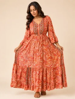 Vestido Largo Boho Paisley Poly Seda Manga 3/4 – Naranja