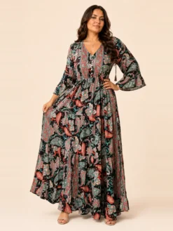 Vestido Largo Boho Paisley Poly Seda Manga 3/4 – Rojo