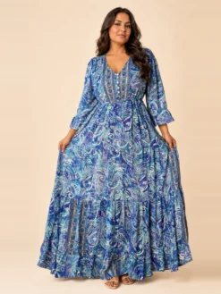 Vestido Largo Boho Paisley Poly Seda Manga 3/4 – Celeste