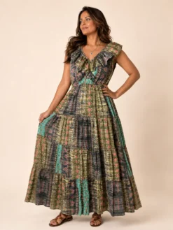 Vestido Largo Boho Poly Seda con Vuelos – Verde
