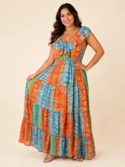 Vestido Largo Boho Poly Seda con Vuelos – Naranja