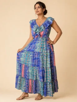 Vestido Largo Boho Poly Seda con Vuelos – Azul