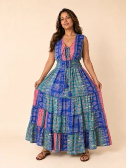 Vestido Largo Boho Patchwork en Seda – Azul