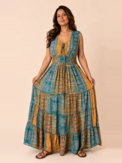 Vestido Largo Boho Patchwork en Seda – Verde