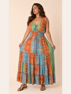 Vestido Largo Boho Patchwork en Seda – Naranja