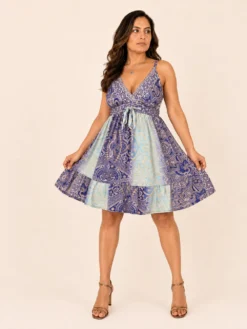 Vestido Corto de Seda Patchwork Boho – Azul