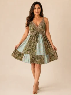 Vestido Corto de Seda Patchwork Boho – Verde
