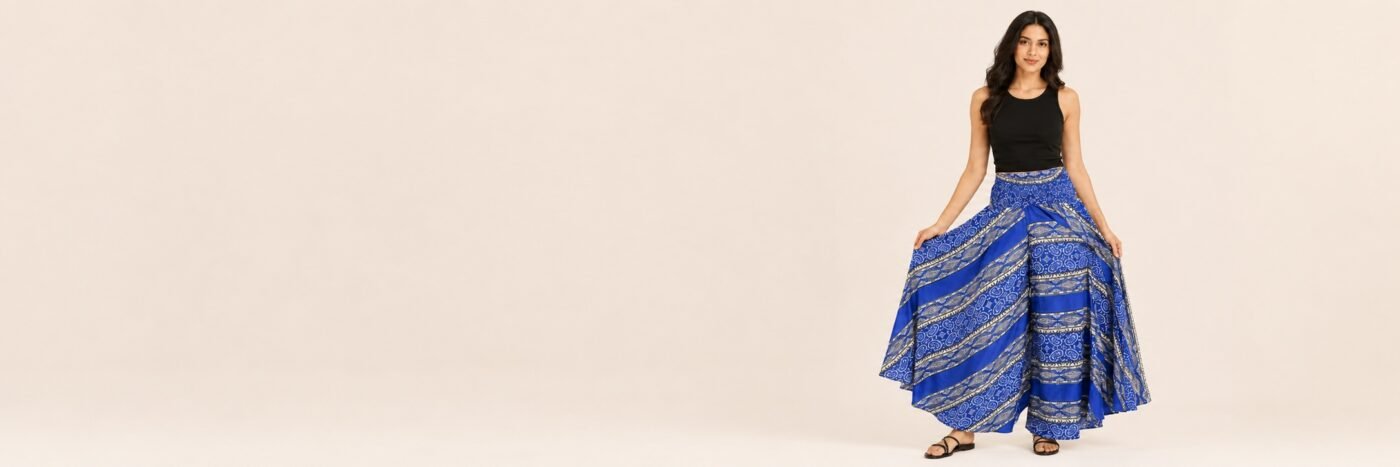 Modelo con pantalones palazzo azules estampados de Dokavari sobre fondo claro