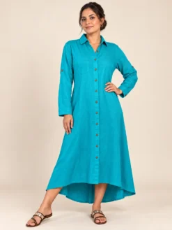 Vestido Camisero Midi Asimétrico de Lino Viscosa – Turquesa
