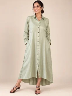 Vestido Camisero Midi Asimétrico de Lino Viscosa – Verde
