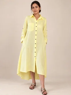 Vestido Camisero Midi Asimétrico de Lino Viscosa – Amarillo